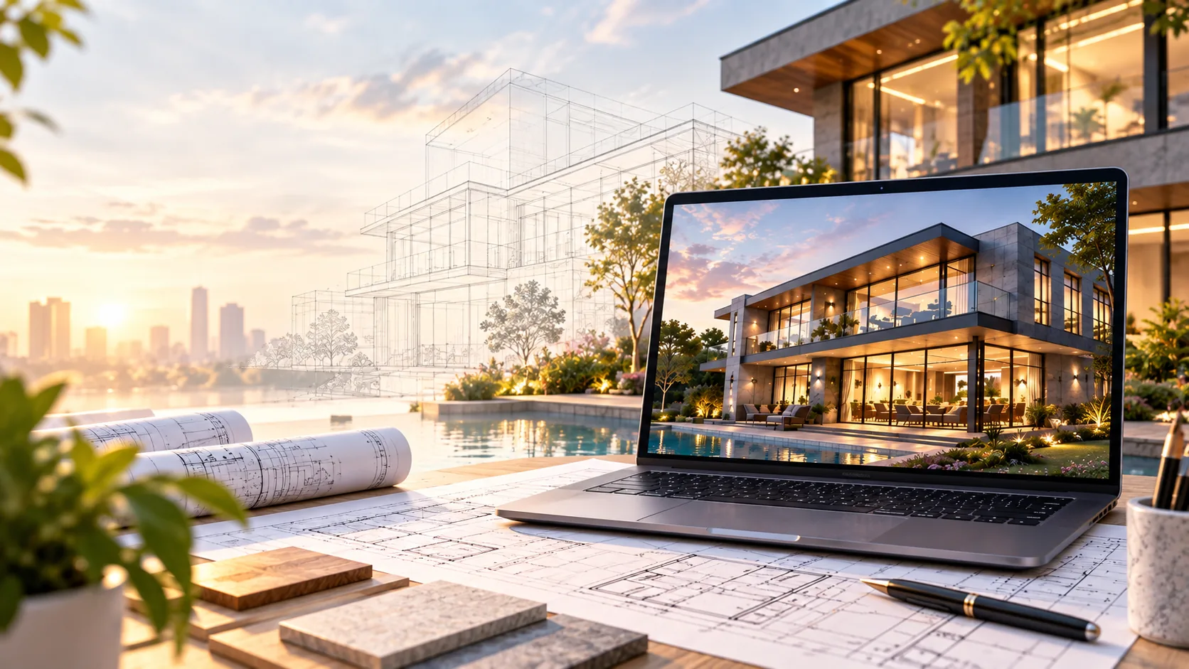 Photorealistic 3D rendering of a modern villa on a laptop