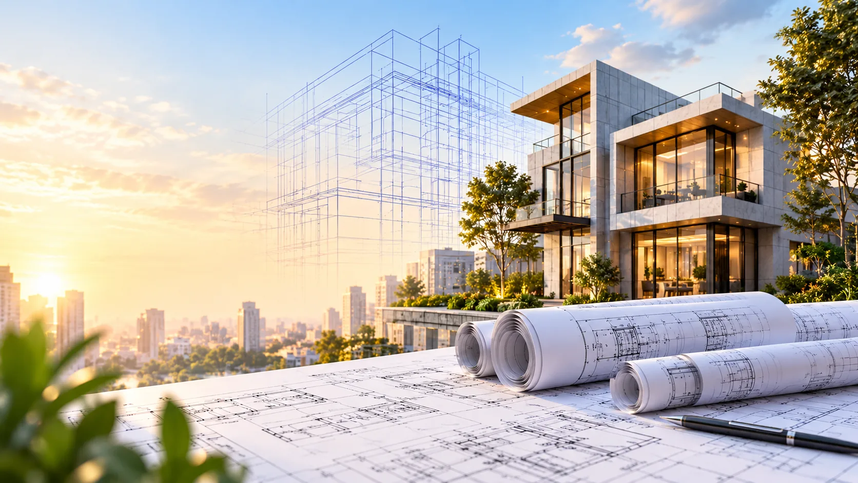 Modern building with architectural wireframe and blueprints